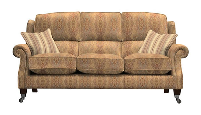Parker Knoll Henley 3 Seater Sofa in Baslow Medallion Gold Fabric Nouveau Stripe Rose Scatters and Mahogany Legs